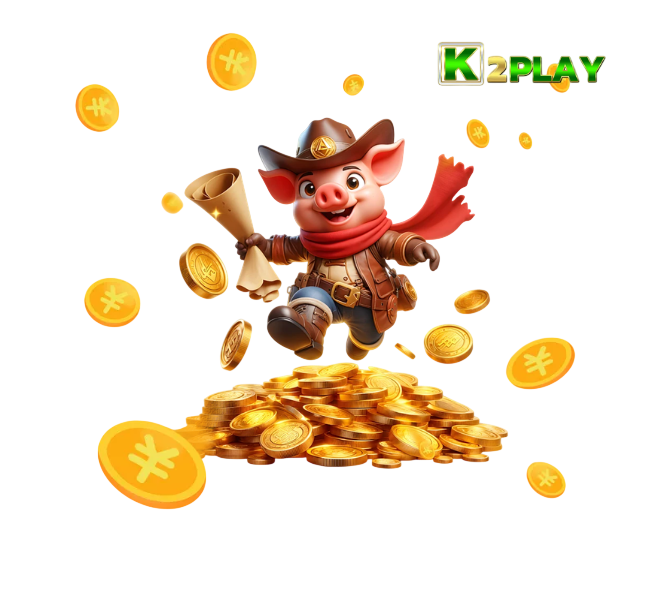 K2PLAY การ์ตูนหมูนักผจญภัยถือแผนที่ ยืนบนกองเหรียญทอง ภาพโปรโมทสล็อตพื้นหลังโปร่งใส